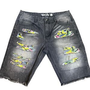 Born Fly Black Distressed Denim Shorts, Paint Splatter Streetwear, Men's Size 34